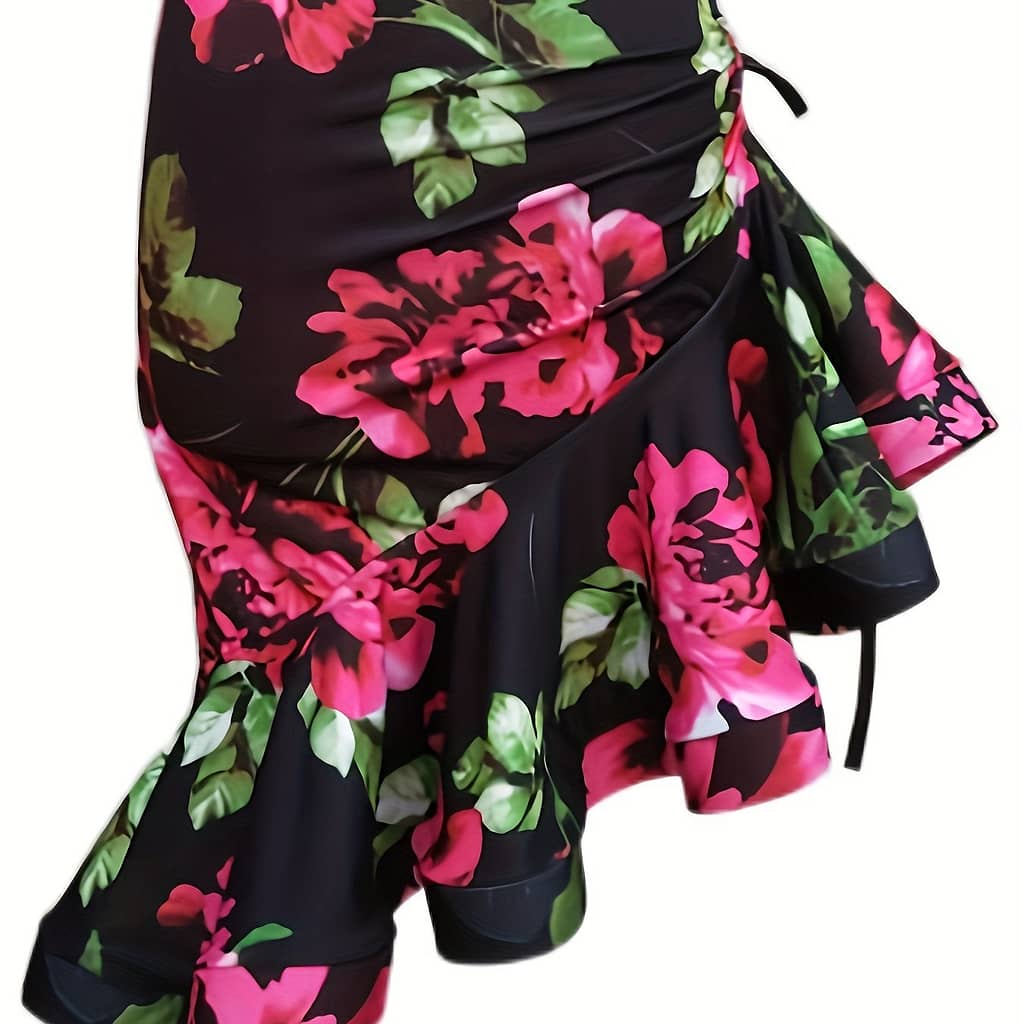 Women’s Activewear: Flower Printed Ruffle Trim Asymmetrical Dance Skirt With Drawstring Hip Wrap For Latin Ballet Performance Clothing Shop Online at Dubai Trades 2