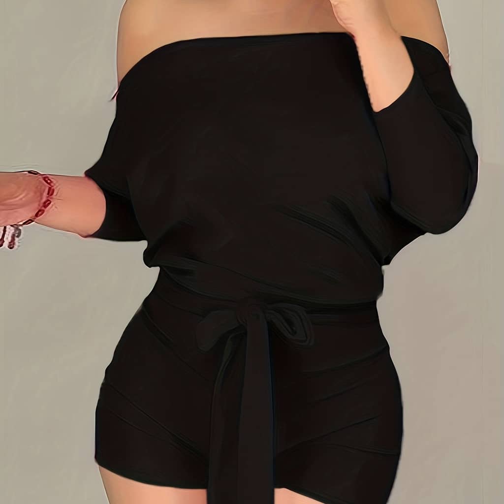 Women’s Plus Size Off-shoulder Batwing Sleeve Romper – Black, Casual Knot Front Jumpsuit, Stretchy Polyester Blend, Machine Washable, Summer Fashion Clothing Shop Online at Dubai Trades 2