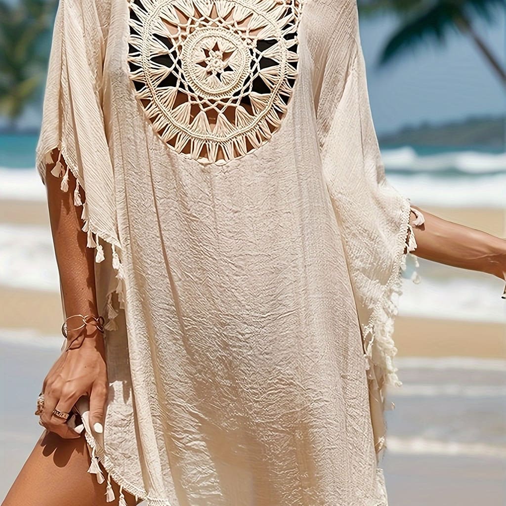 Tassel Decor Cover Up Dress, Round Neck Loose Fit Crochet Decor Beach Kaftan, Women’s Swimwear & Clothing For Carnival & Music Festival For Holiday Clothing Shop Online at Dubai Trades 2