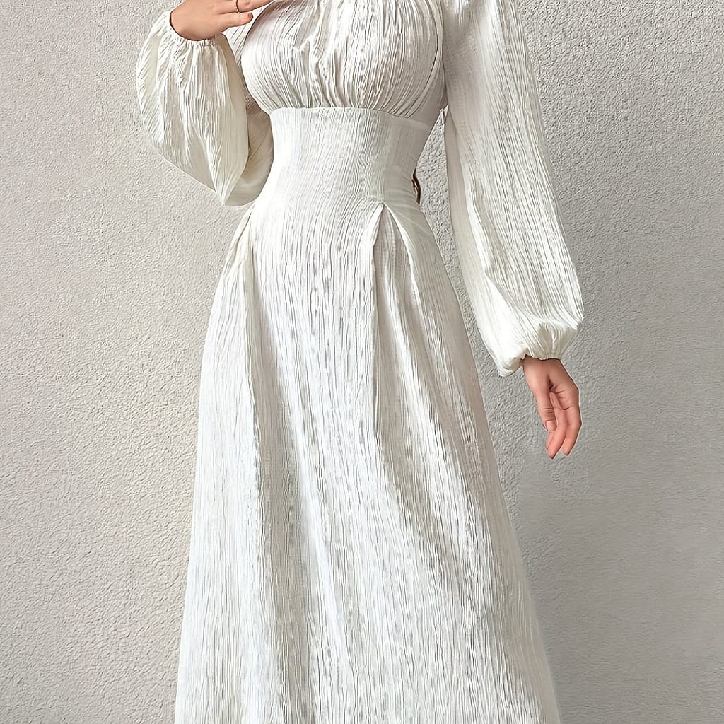 Textured Tie Lantern Sleeve Dress, Elegant Square Neck Solid Color Midi Romantic Dress, Women’s Clothing Clothing Shop Online at Dubai Trades 2