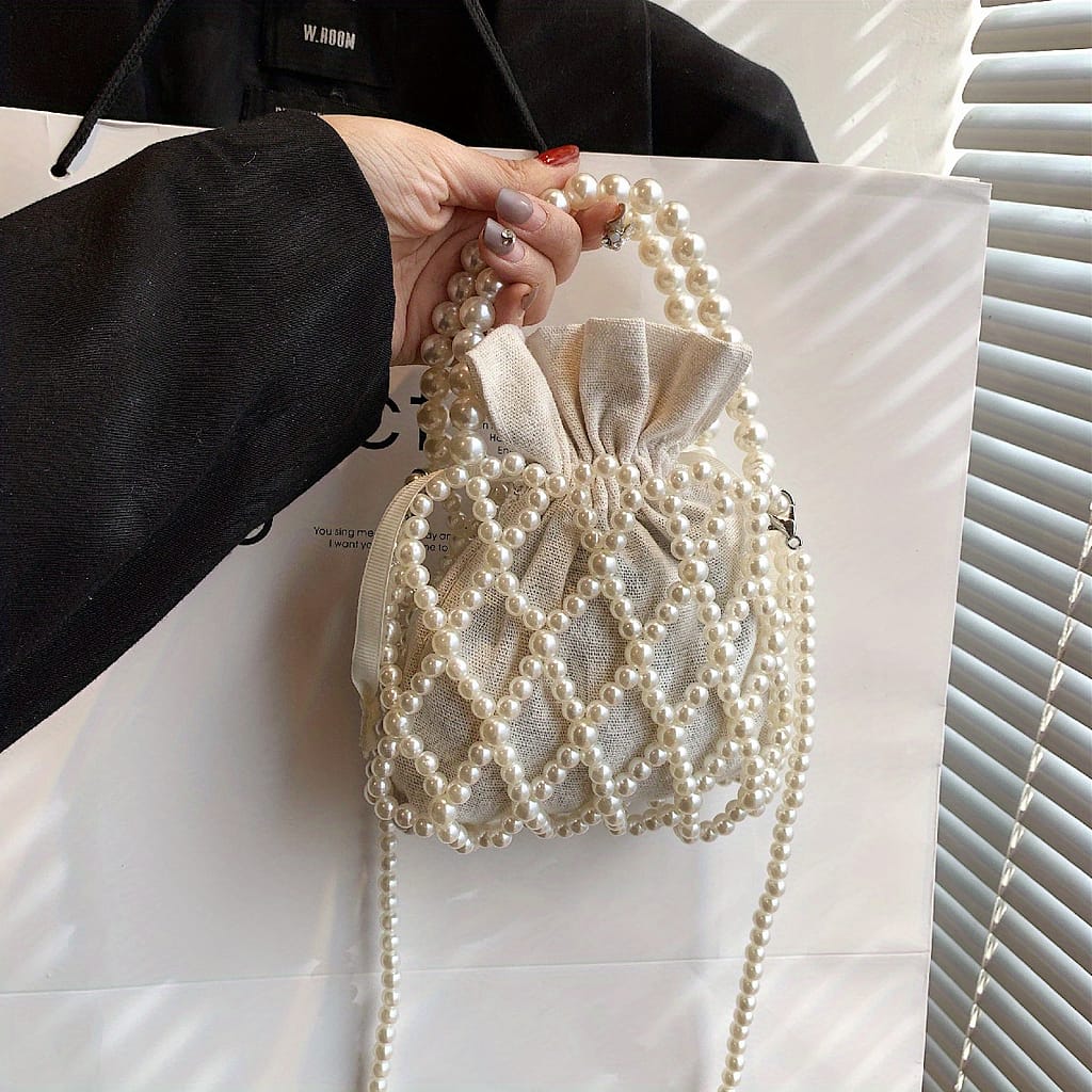 Trendy Faux Pearl Straw Decor Satchel Bag, Drawstring Design Satchel Bag, Niche Handbag Clothing, Shoes & Jewelry Shop Online at Dubai Trades 2