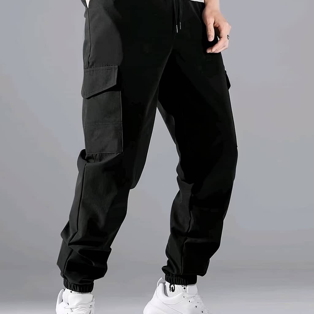 Trendy Solid Cargo Pants, Men’s Multi Flap Pocket Drawstring Trousers, Loose Casual Outdoor Pants, Men’s Work Pants Outdoors Streetwear Hip Hop Style Asian Shop Online at Dubai Trades 2