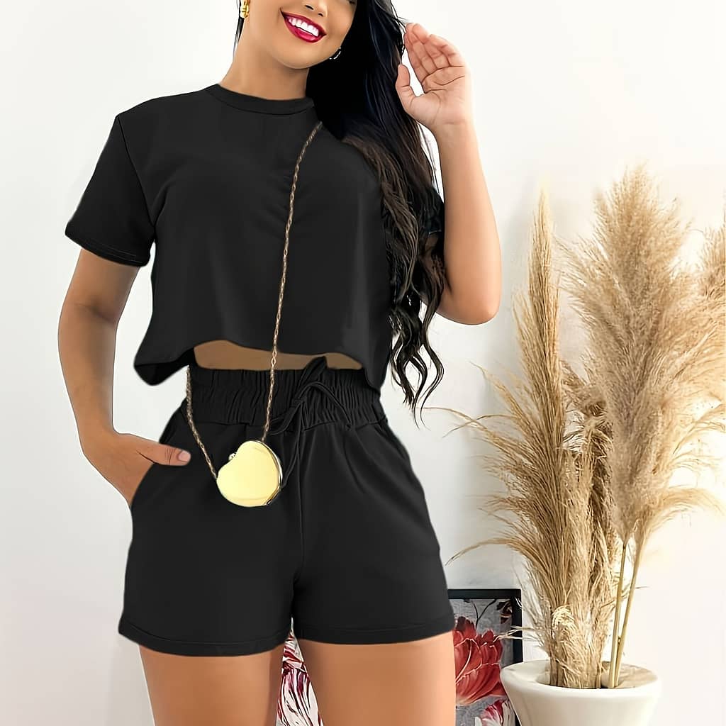 Two-piece Set Of Elegant Directional + Solid Color Short Top + Shorts Clothing Shop Online at Dubai Trades 2