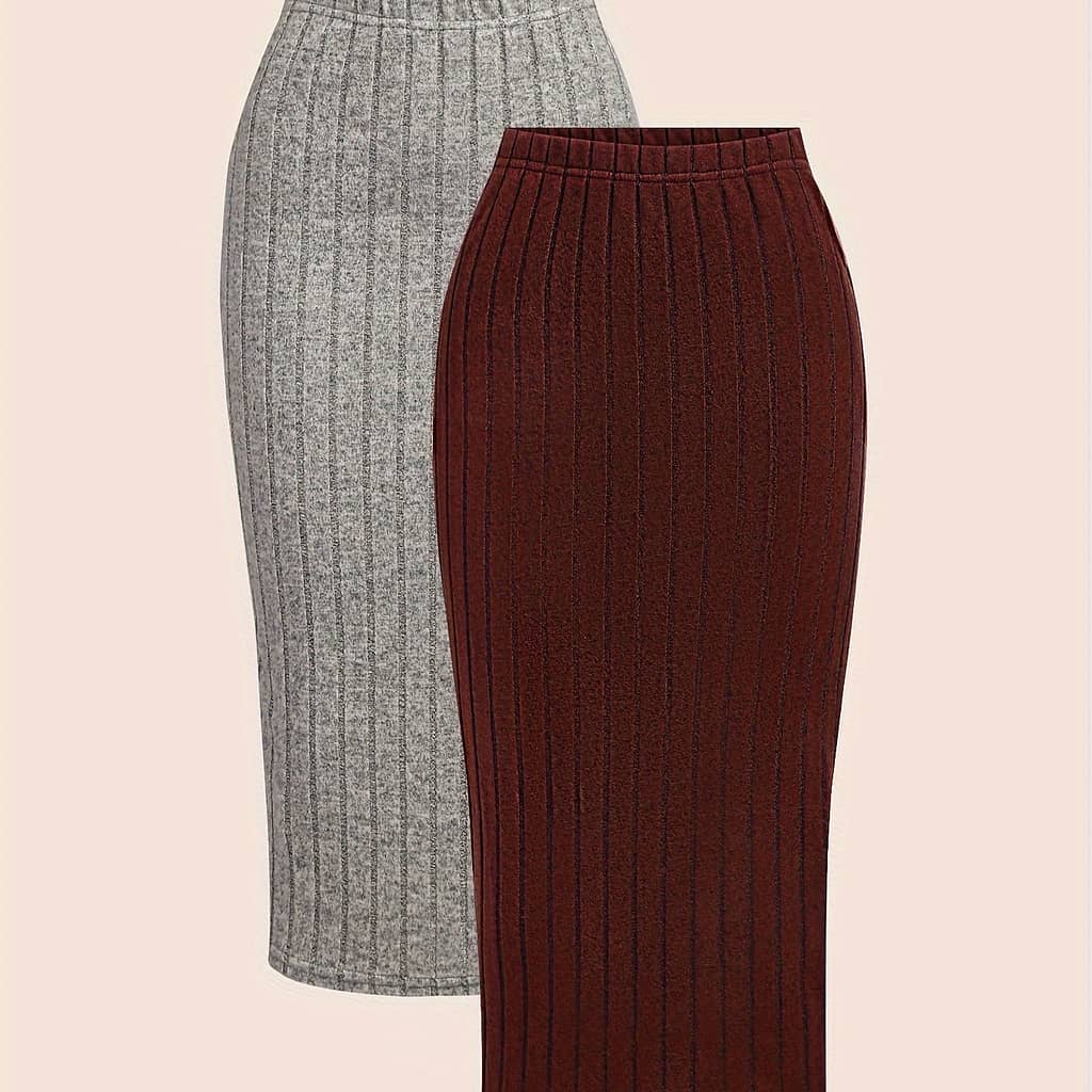 Two-piece Set Of Solid Color Ribbed Knit Pencil Skirt Clothing Shop Online at Dubai Trades 2