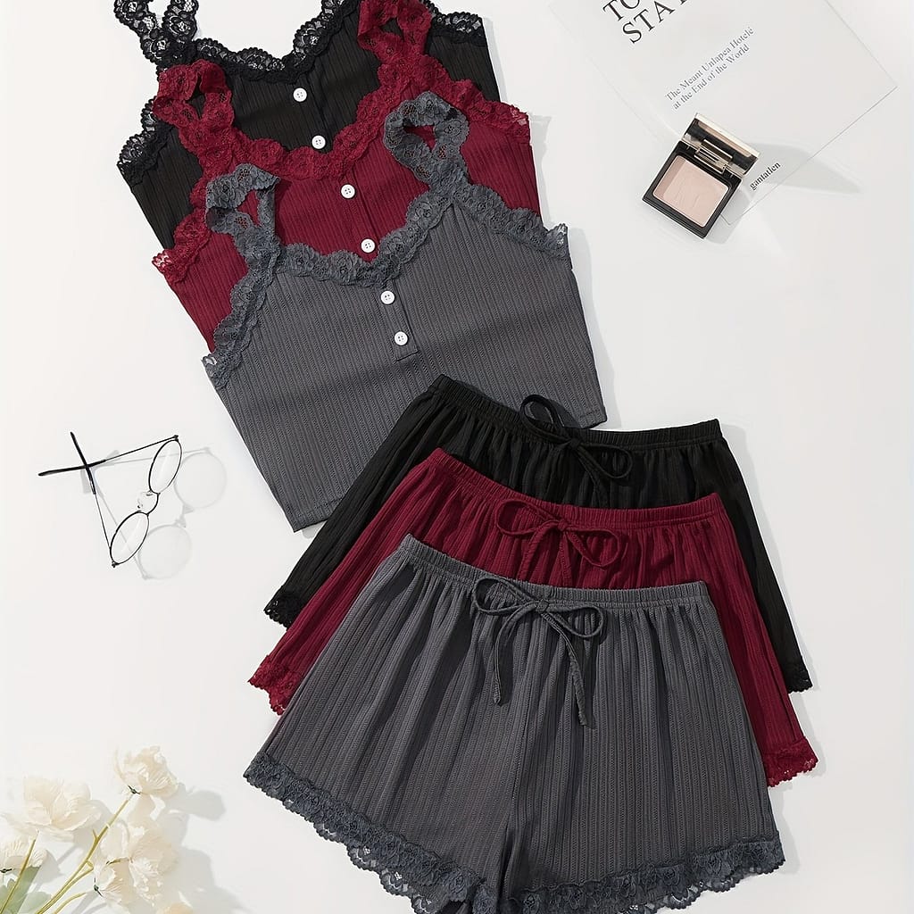 Two-piece Set Of Women’s Elegant Ribbed Sexy Off-shoulder Suspender Pajama Top & Casual Shorts In Multiple Colors And Styles Clothing Shop Online at Dubai Trades 2