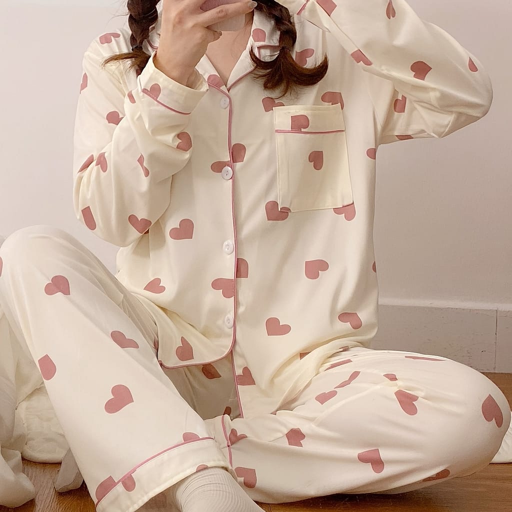 Valentine’s Day Heart Pattern Pajama Set For Women – Cozy Polyester, Long Sleeve Button- & Waist Pants, Spring/fall Clothing Shop Online at Dubai Trades 2