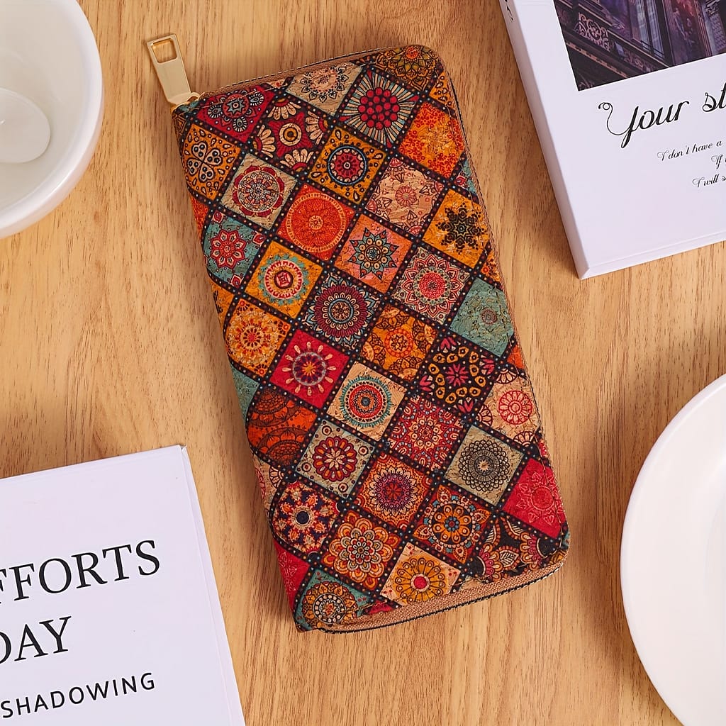 Vegan Leather Long Wallet For Women, Floral Print Clutch Coin Purse, Vintage Wooden Credit Card Holder Accessories Shop Online at Dubai Trades 2