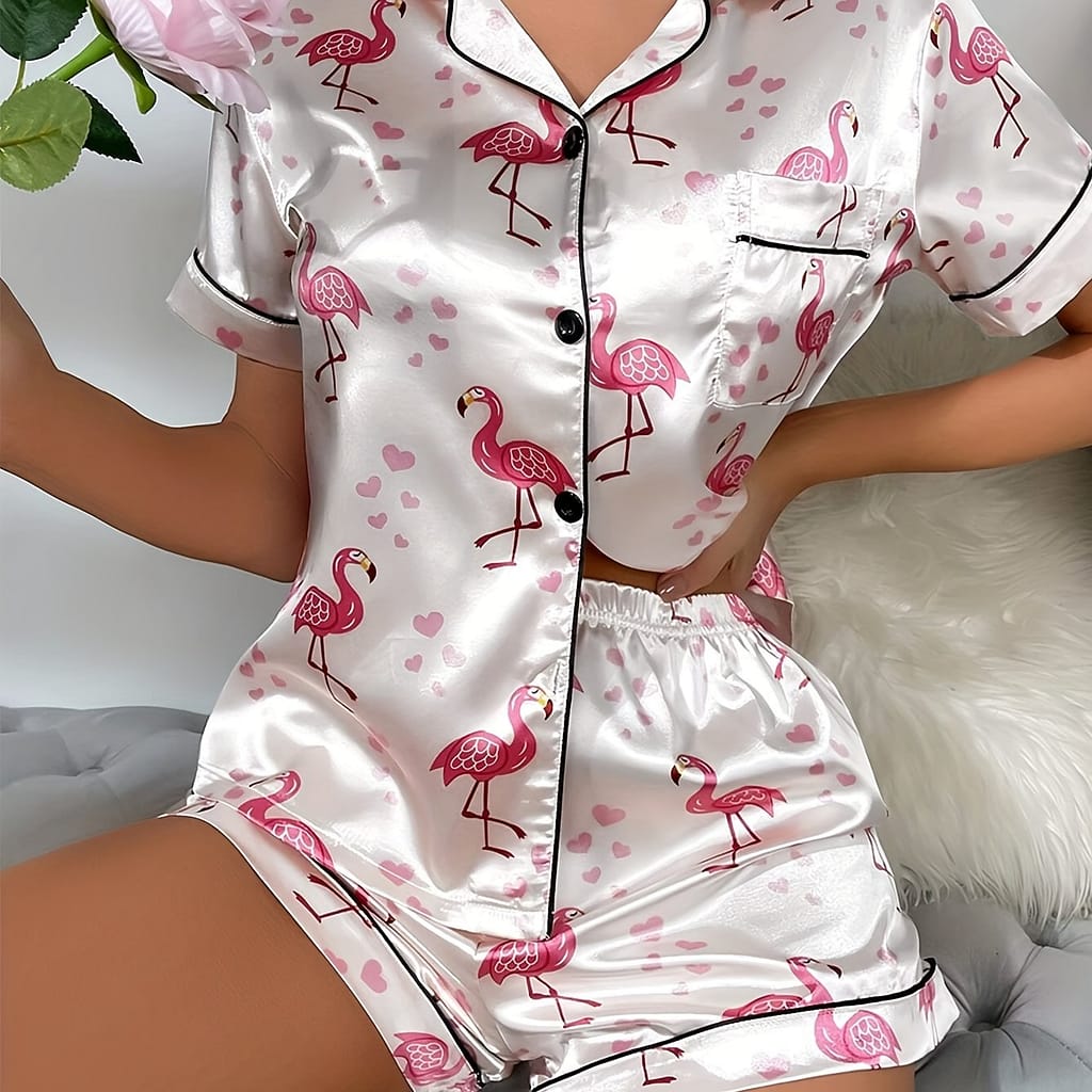 Velvet Color Pink Crane Print Pajama Set Clothing Shop Online at Dubai Trades 2