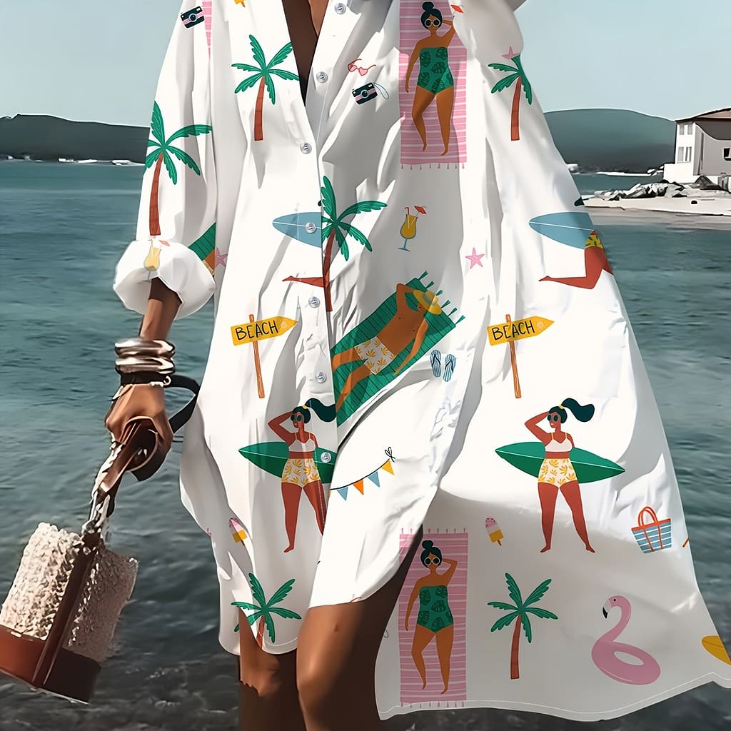 Vibrant Tropical Print Long Sleeve Shirt For Women – Lightweight Polyester, Button-up With Collar, Surfboard & Beach Scene Design – Ideal For Vacation, Spring/fall Wear Clothing Shop Online at Dubai Trades 2