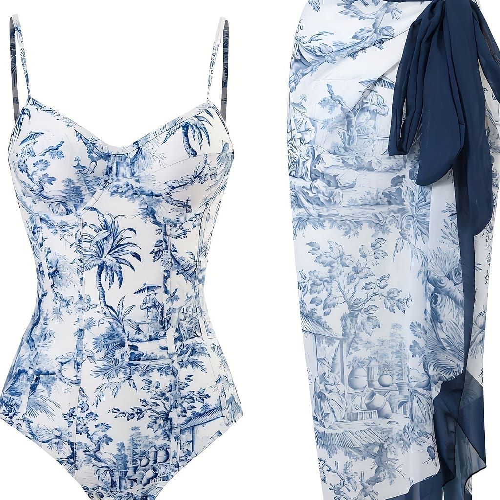 Vintage Blue Chinoiserie Print Push Up 2pcs Swimsuits, Spaghetti Strap Elegant One-piece B Beach Smock Clothing Shop Online at Dubai Trades 2