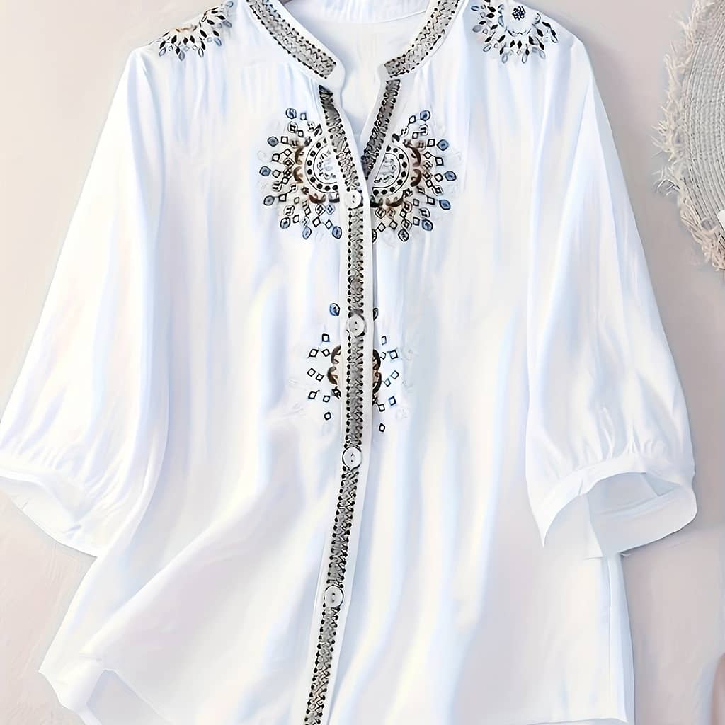 Vintage Embroidered Notched Neck Blouse, Elegant 3/4 Sleeve Single Breasted Blouse For Spring & Fall, Women’s Clothing Blouses Shop Online at Dubai Trades 2