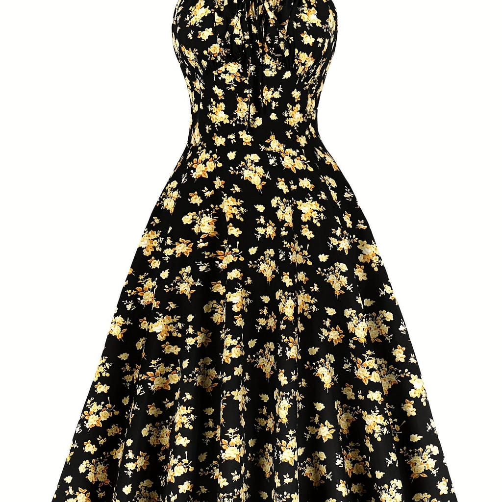 Vintage Floral Spaghetti Strap Dress For Women – 100% Polyester Dress With Drawstring Detail, Woven A-line Pendulum Style, Ideal For Parties And Casual Wear Clothing Shop Online at Dubai Trades 2