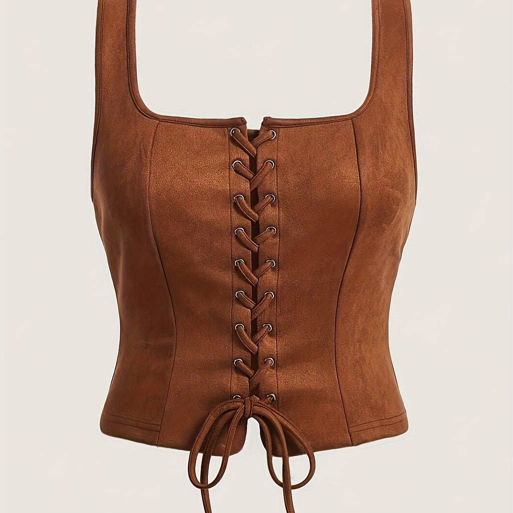 Vintage Lace Up Crop Tank Top, Elegant Solid Neck Tank Top For , Women’s Clothing Clothing Shop Online at Dubai Trades 2