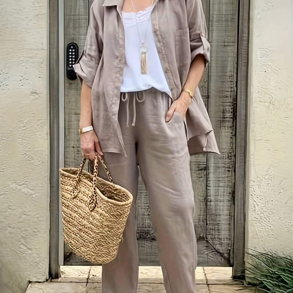 Vintage Solid Color Pants Set, Single Breasted Pocket 3/4 Sleeve Shirt & Straight Leg Loose Simple Pants, Women’s Clothing Clothing Shop Online at Dubai Trades 2