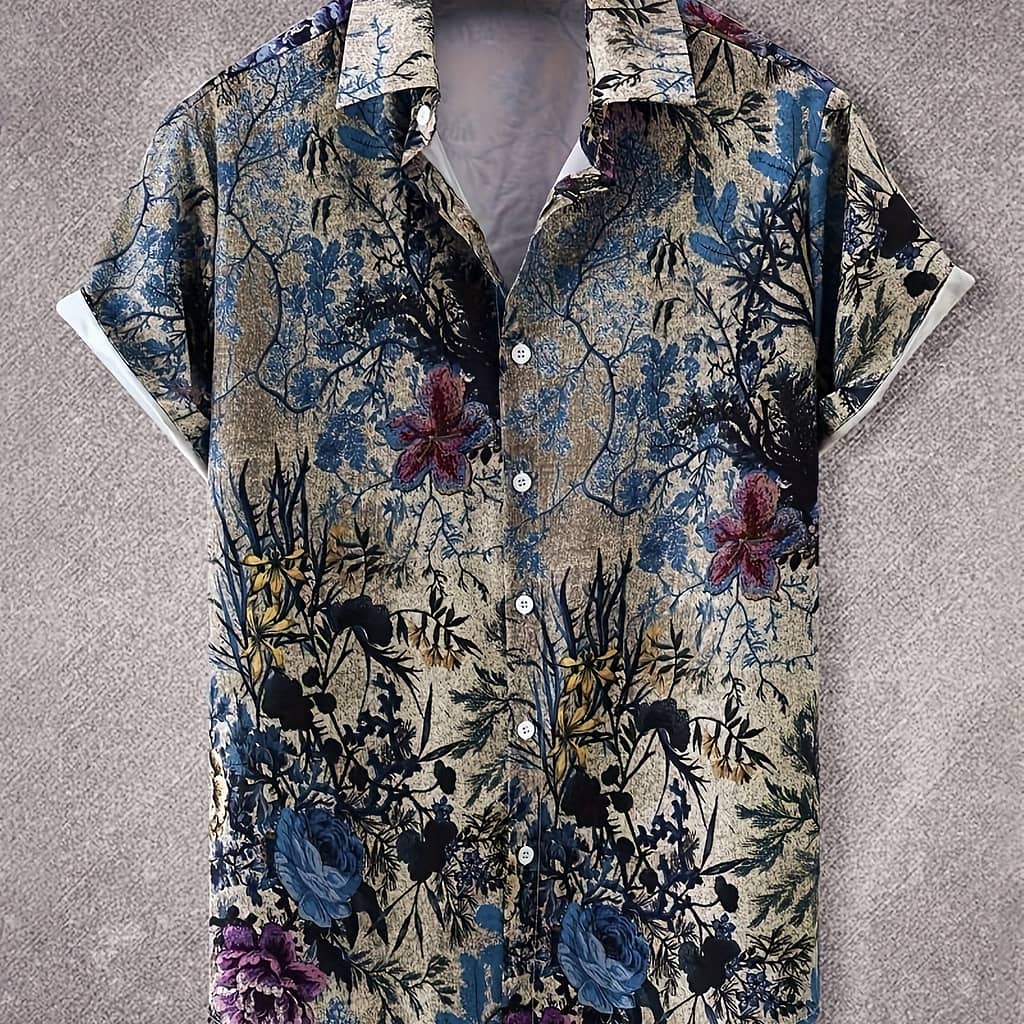 Vintage Style Men’s Floral Allover Print Short Sleeve Lapel Shirt Top, Male Casual Button Up Shirt For Daily And Vacation Resorts Clothing Shop Online at Dubai Trades 2