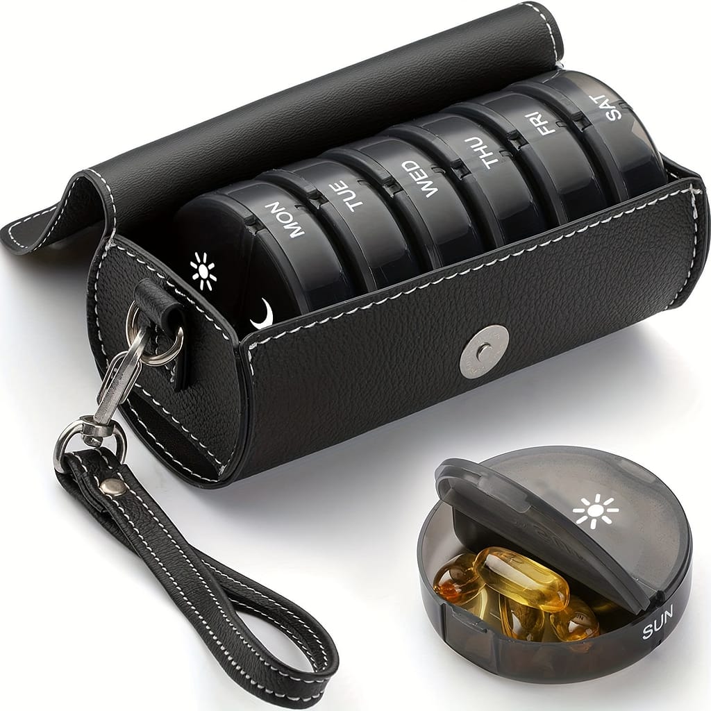 Weekly Pill Organizer 2 Times A Day, Large Daily Pill Box With Leather Case For Travel, Round Medicine Organizer, 7 Day Pill Container For Vitamin Fish Oils Supplement Business, Industry & Science Shop Online at Dubai Trades 2