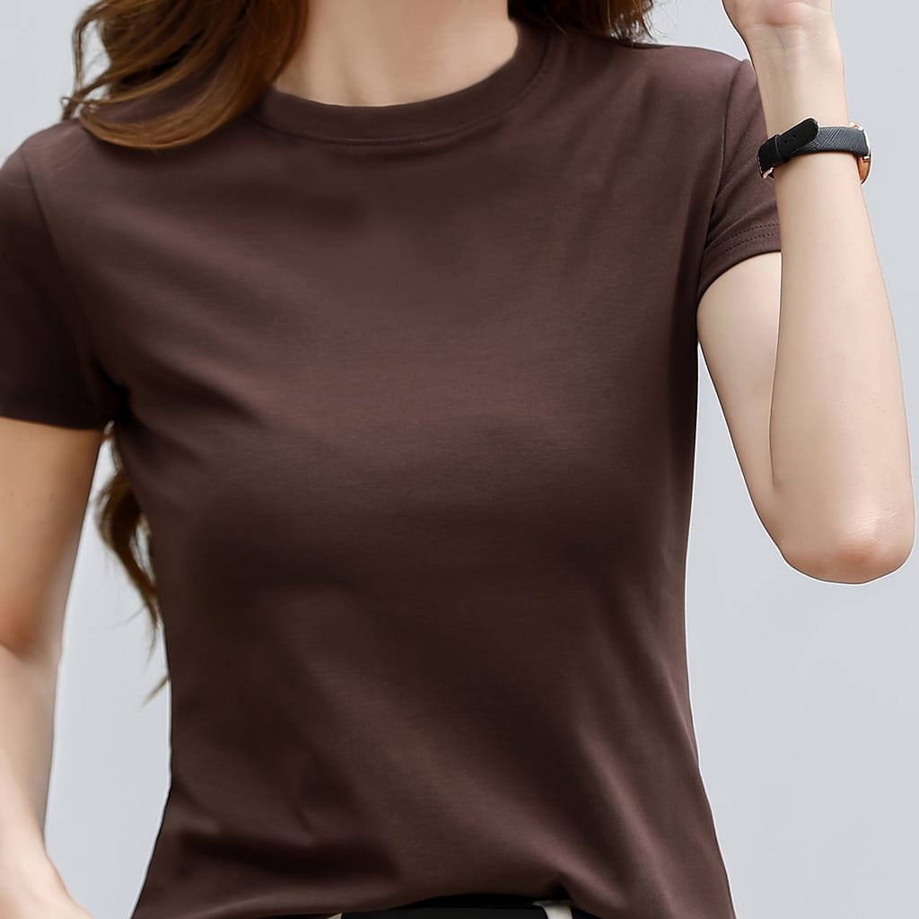 Weka Korean Crew Neck T-shirt – Solid Color, Medium Stretch, Regular Sleeve, Spring/summer/fall, Knit Fabric, Polyester, 180g/m² Clothing Shop Online at Dubai Trades 2