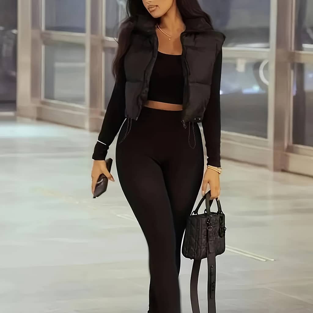 Women’ Black High-neck Puffer Vest – Warm Sleeveless Jacket With Drawstring Waist For Fall/winter Casual Streetwear, Lightweight Jacket Clothing Shop Online at Dubai Trades 2