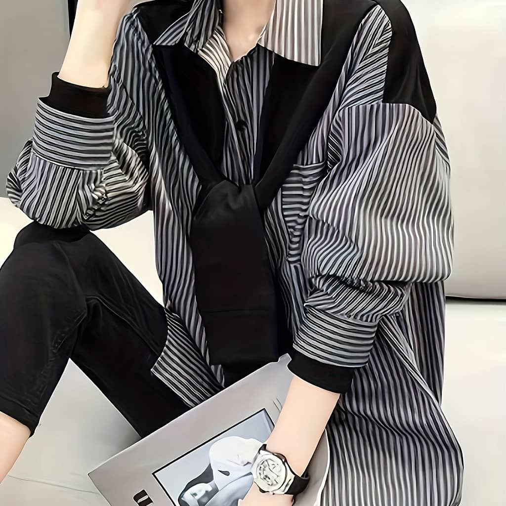 Women’ Black & White Striped Button-up Shirt – Long Sleeve, Collared, Lightweight Polyester For Spring/fall, Casual Fashion Blouse, Ladies Blouses Blouses Shop Online at Dubai Trades 2