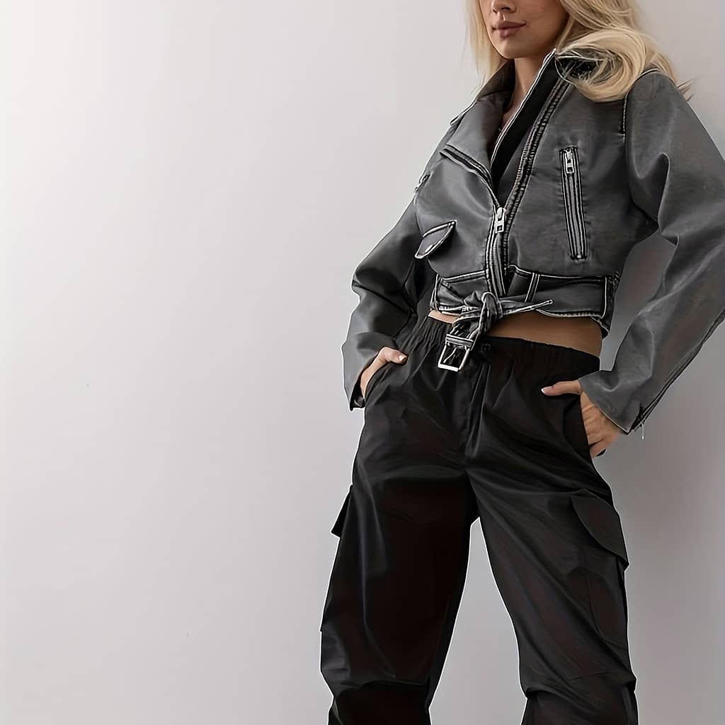 Women’ Blue Denim-style Motorcycle Jacket – Casual Polyester, Non-stretch, Belt Detail, Machine Washable, Ideal For Spring/fall Clothing Shop Online at Dubai Trades 2