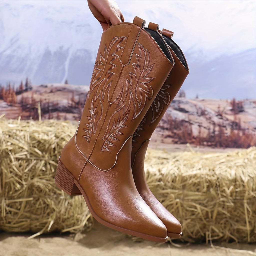 Women’ Boots, Pull On Chunky Heel Western Cowboy Boots, Point Toe Mid-calf Knight Boots Boots Shop Online at Dubai Trades 2