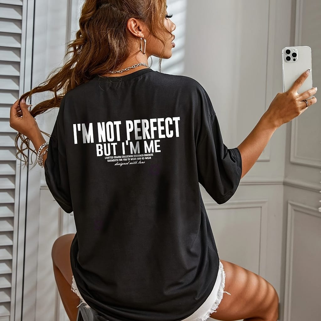 Women’ Casual Letter Print T-shirt – ” Perfect But I’m ” Design, Loose Neck Short Sleeve Top, Soft Polyester , Machine Washable, Casual Attire Clothing Shop Online at Dubai Trades 2
