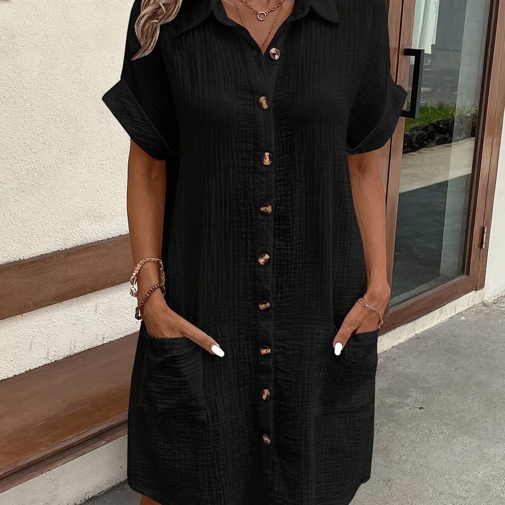 Women’ Color Polyester Tunic Dress With Lapel Collar And Pocket Detail, 97% Polyester 3% Spandex, Woven Fabric, Lightweight 120g/m² For Spring/summer Clothing Shop Online at Dubai Trades 2