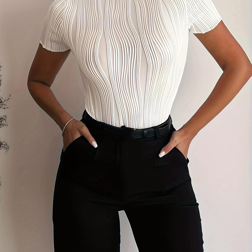 Women’ Color Round Neck Vertical Ribbed White Short Sleeve T-shirt Clothing Shop Online at Dubai Trades 2