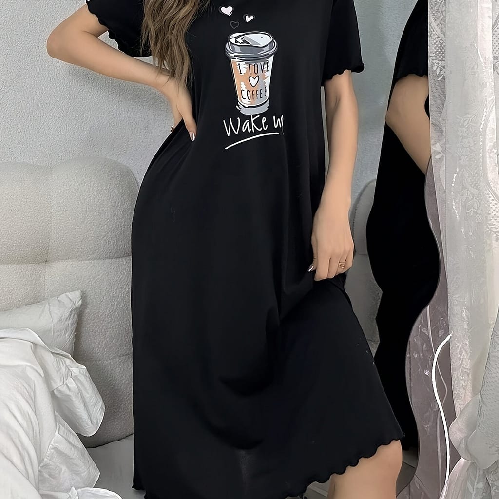 Women’ & Slogan Sleepwear Dress, Short Sleeve Round Neck Tee Dress, Comfortable Nightgown Clothing Shop Online at Dubai Trades 2