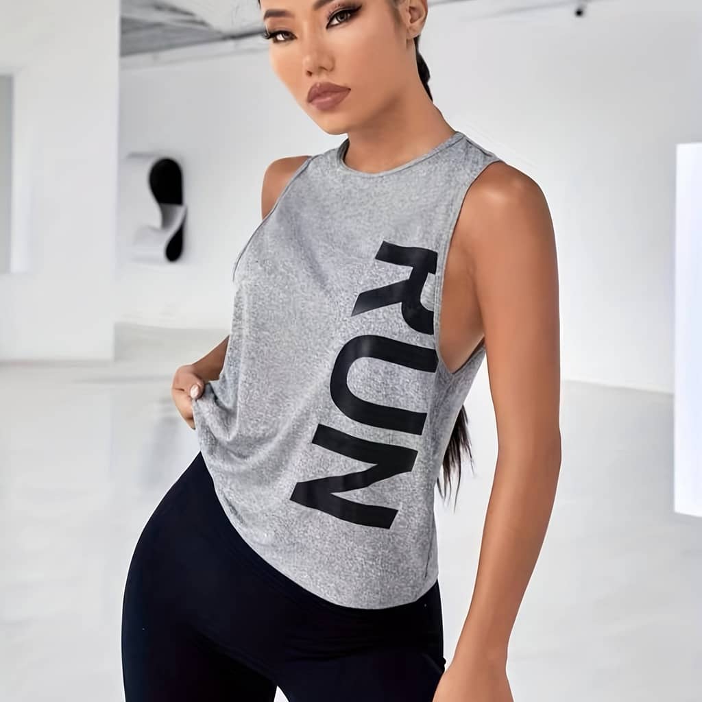 Women’ “run” Graphic Sleeveless Sports Tank Top – Round Neck, Polyester Activewear For Casual Or Workout Wear, Workout Apparel | Motivational Clothing | Knit Construction Active Shop Online at Dubai Trades 2