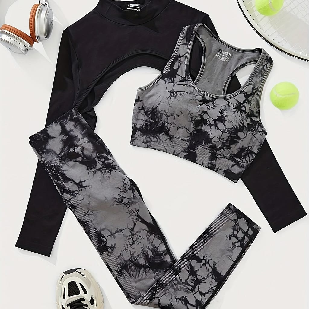 Women’s 3-piece Contrast Tie-dye Seamless Activewear Set, Round Neck Long Sleeve, High-support Sports Bra, High Waist Leggings, Athletic Outfit For Ladies Clothing, Shoes & Jewelry Shop Online at Dubai Trades 2