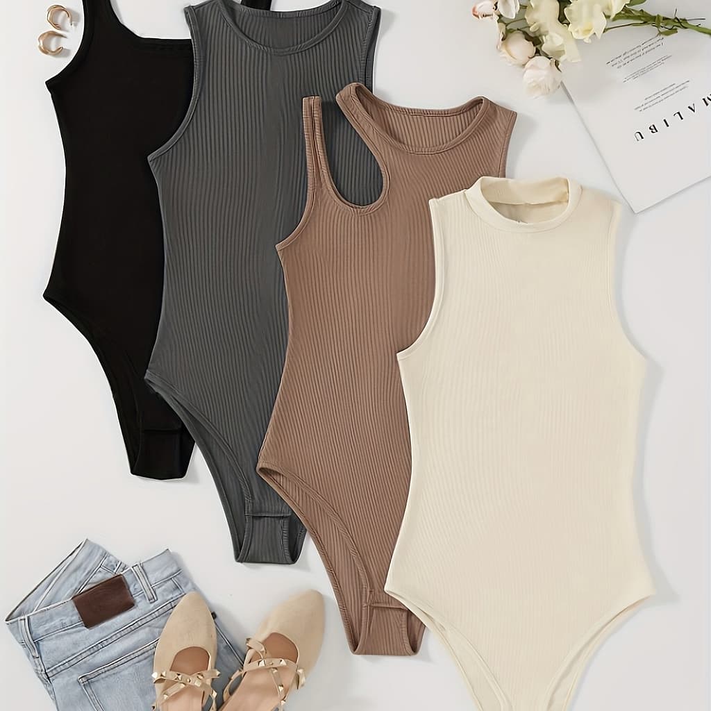 Women’s 4pcs Ribbed Knit Bodysuits – Black, Gray, Brown, Beige, Stretchy & Comfortable, Sleeveless One-piece Swimsuit Style, Machine Washable, Wear Bodysuits Shop Online at Dubai Trades 2