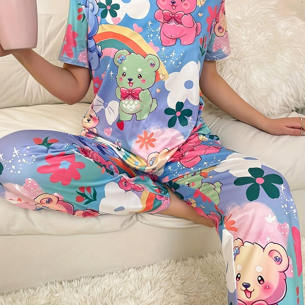 Women’s Allover Cartoon Print Cute Pajama Set, Short Sleeve Round Neck Top & Pants, Comfortable Relaxed Fit Clothing Shop Online at Dubai Trades 2