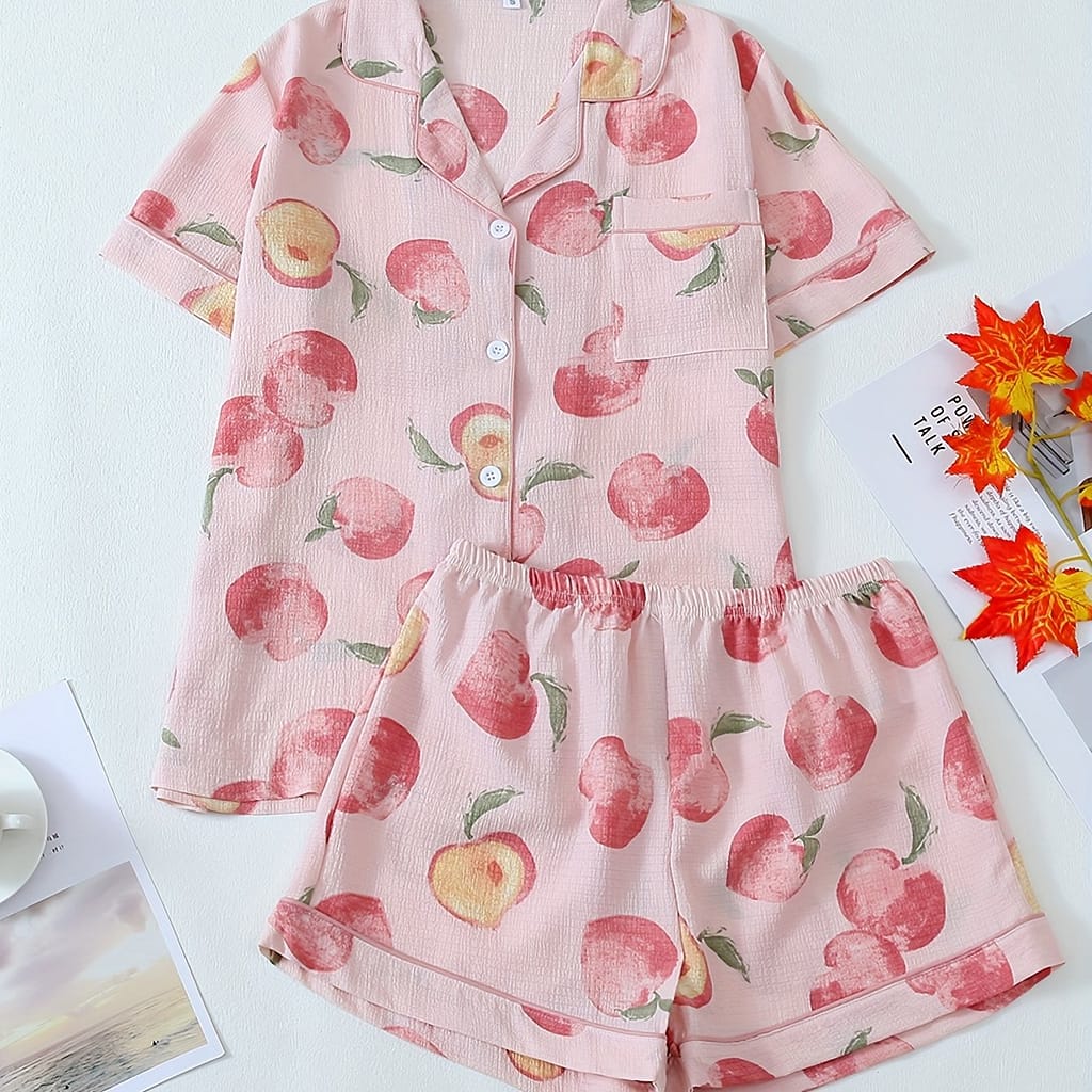 Women’s Allover Peach Print Cute Textured Pajama Set, Short Sleeve Buttons Lapel Top & Shorts, Comfortable Relaxed Fit Clothing Shop Online at Dubai Trades 2