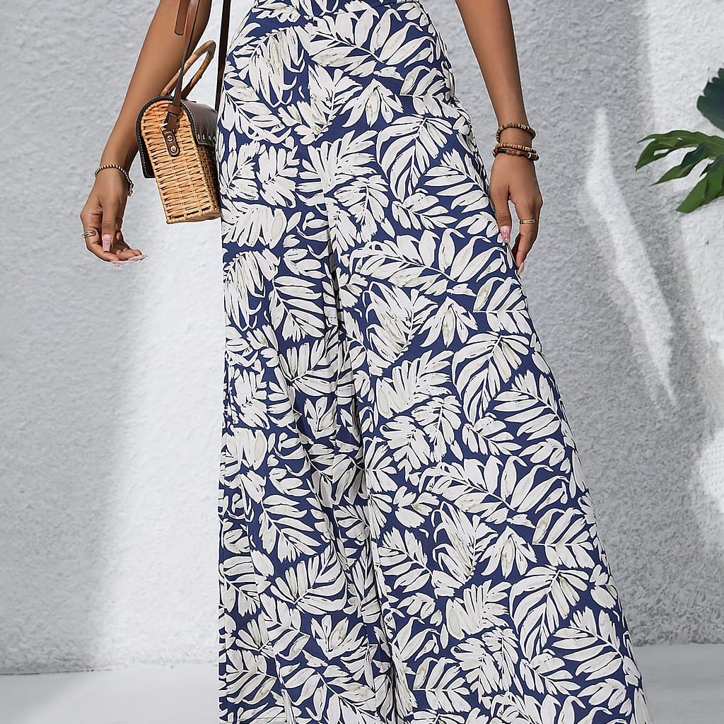 Women’s Bohemian Floral Print Chiffon Wide-leg Pants – High Waist, Elastic Waistband, Long Beach Trousers For , Casual Elegant Style Clothing Shop Online at Dubai Trades 2