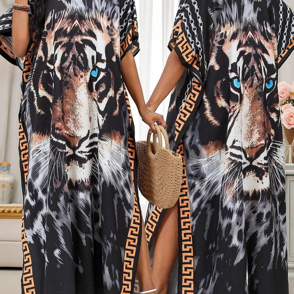 Women’s Boho Up, Plus Size Tiger Print V Neck Pullover Loose Fit Beach Kaftan Dress For Fall & Winter Clothing Shop Online at Dubai Trades 2