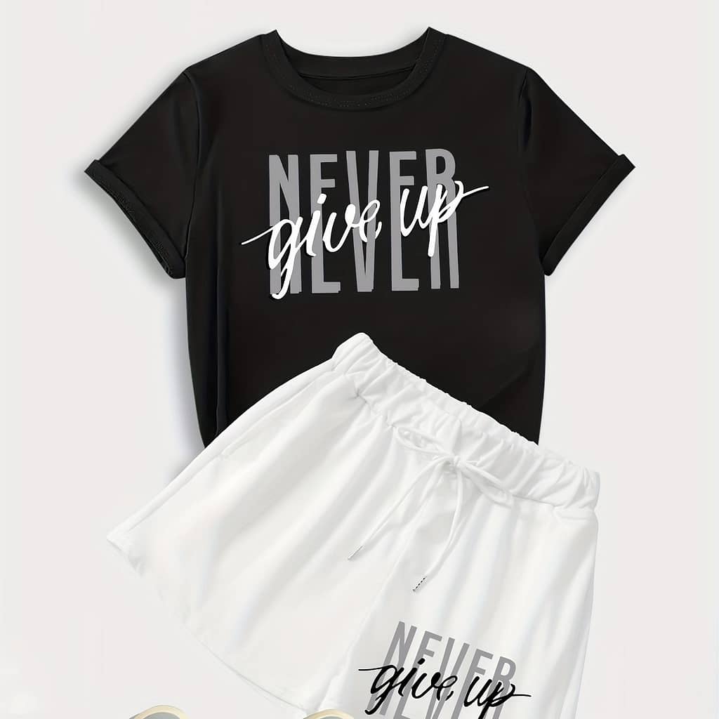 Women’s Breathable Activewear Set – Casual Short Sleeve Tee & Quick-dry Shorts With Geometric Print, Machine Washable Active Shop Online at Dubai Trades 2