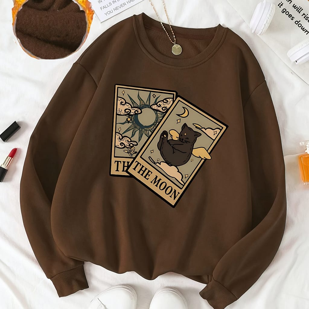 Women’s Casual Cat Print Fleece Lined Sweatshirt, Long Sleeve Crew Neck Pullover, Fall Active Shop Online at Dubai Trades 2
