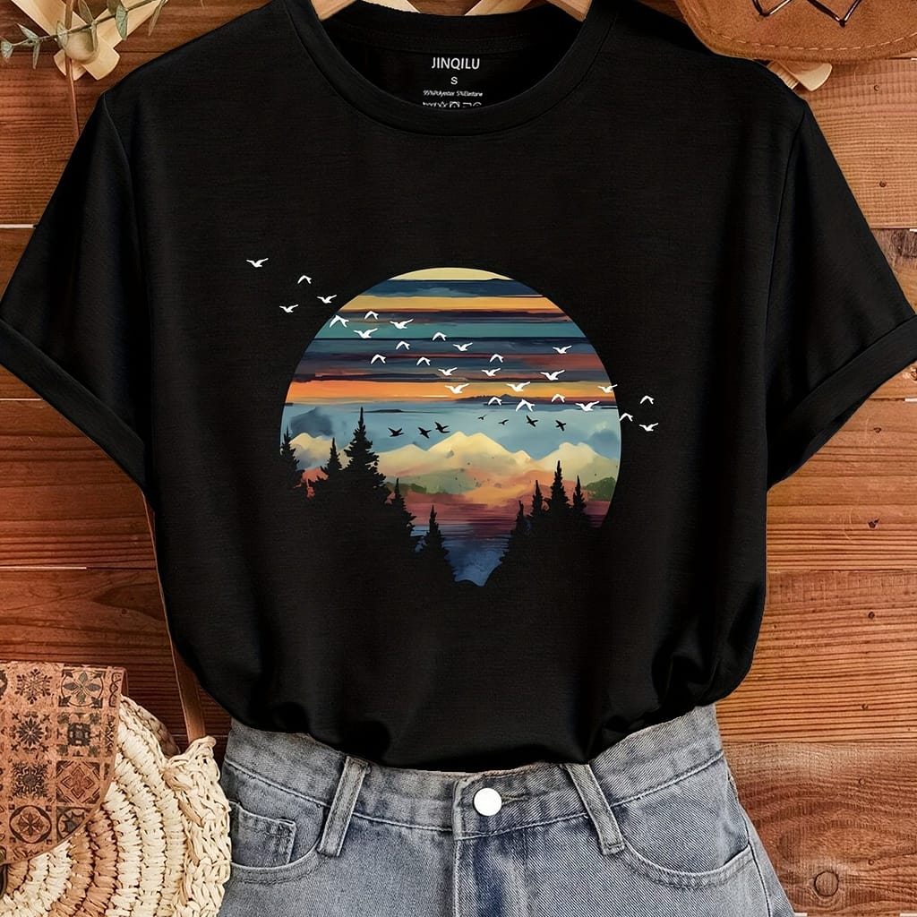Women’s Casual Crew Neck T-shirt With Scenic Landscape Print, Short Sleeve, Medium Stretch Fabric, Regular Fit – G7271, Summer Top | Relaxed Fit Tee | Stylish Landscape Print Clothing Shop Online at Dubai Trades 2