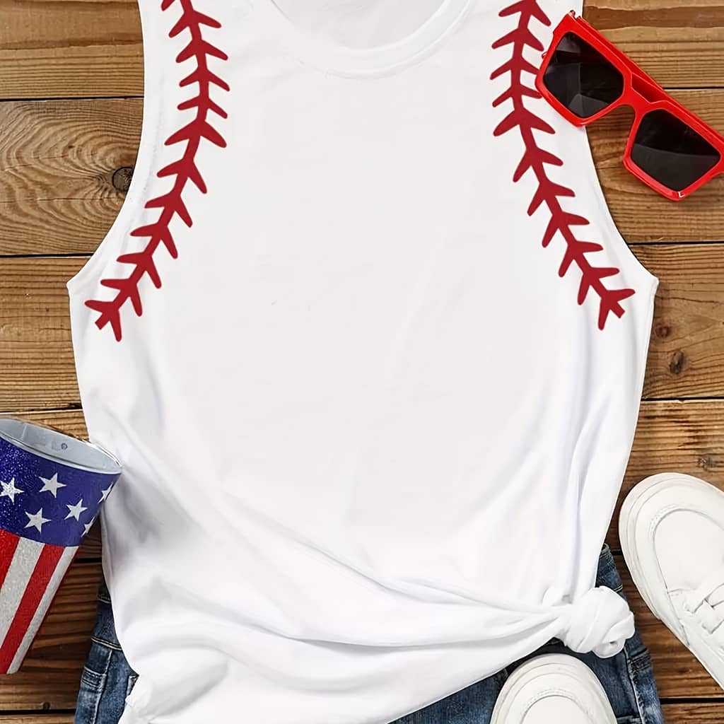 Women’s Casual Crew Neck Tank Top With Baseball Print, Polyester 60%, Rayon 35%, Spandex 5%, Knit Fabric, Solid Color Sleeveless Shirt For Clothing Shop Online at Dubai Trades 2