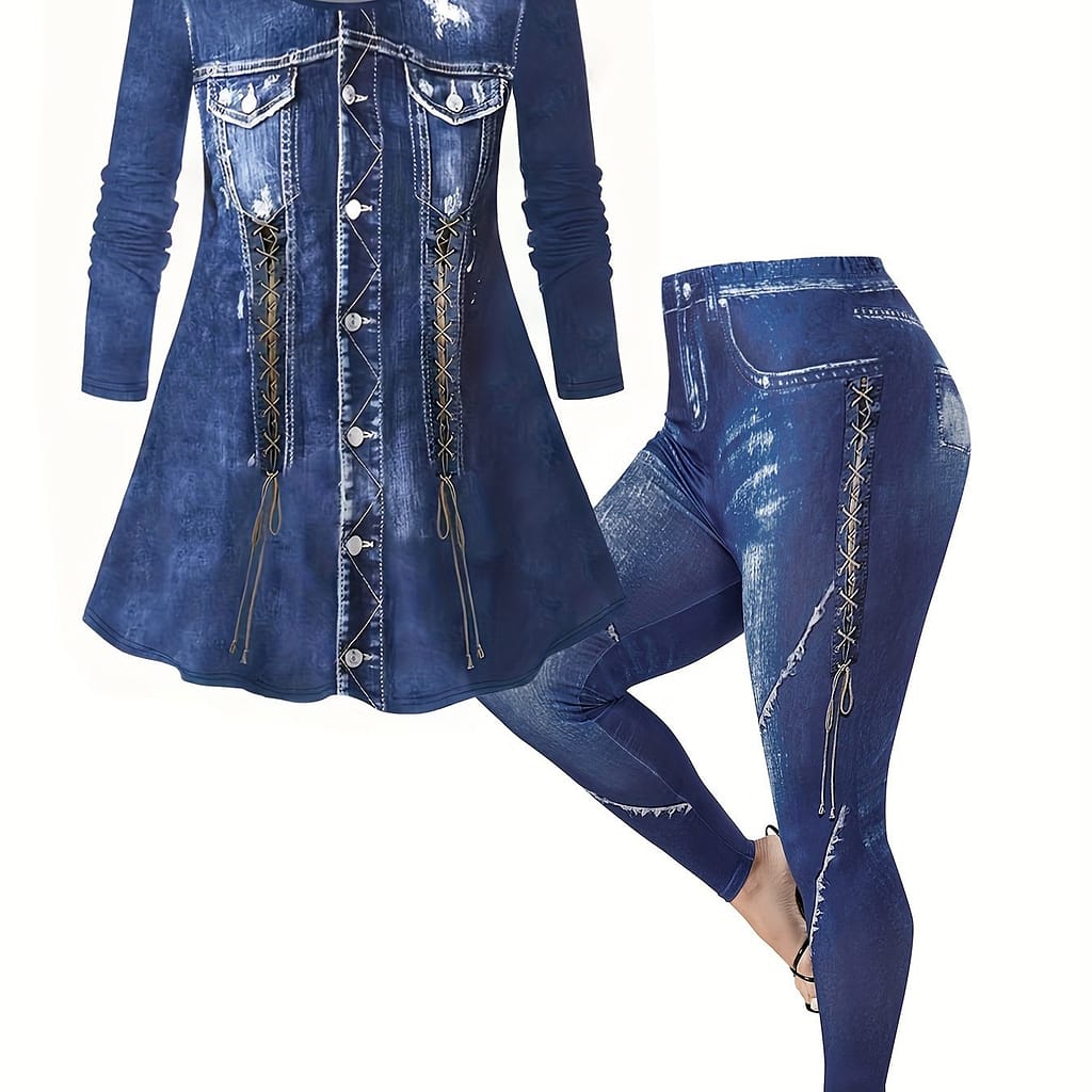 Women’s Casual Denim Print Long Sleeve T-shirt & Pants Set – Crew Neck, Stretchy Polyester , Machine Washable Clothing Shop Online at Dubai Trades 2