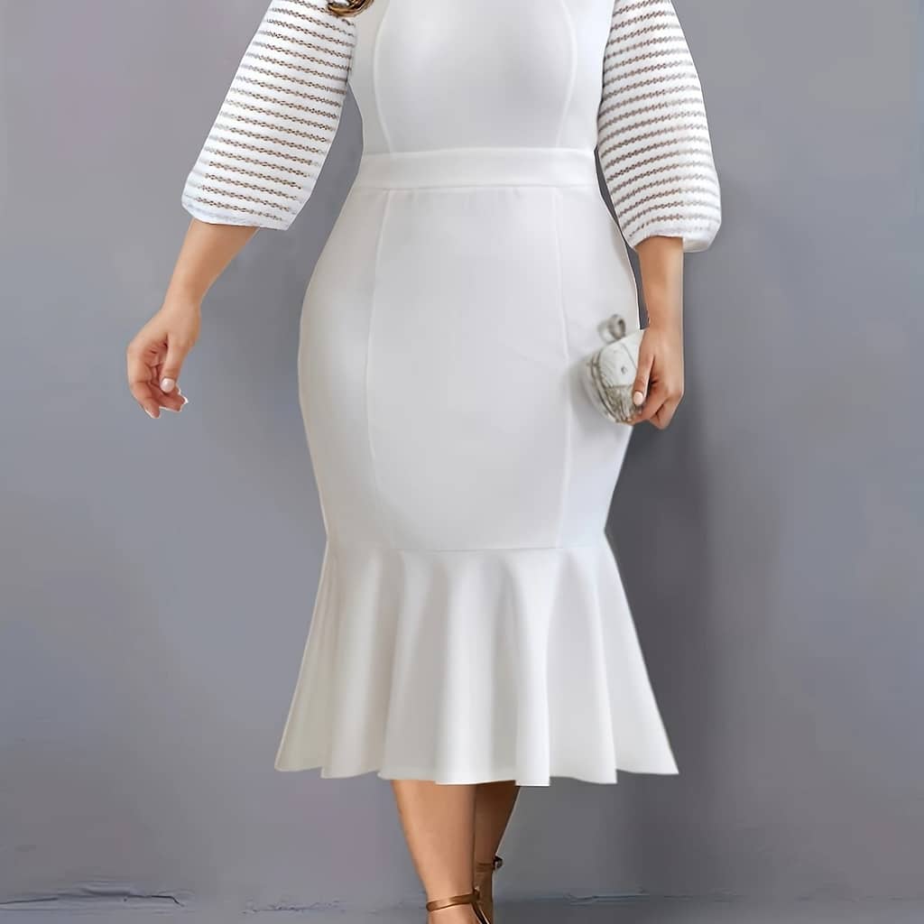 Women’s Casual Dress, Plus Size Solid Contrast Lace Half Sleeve Round Neck Mermaid Dress Clothing Shop Online at Dubai Trades 2