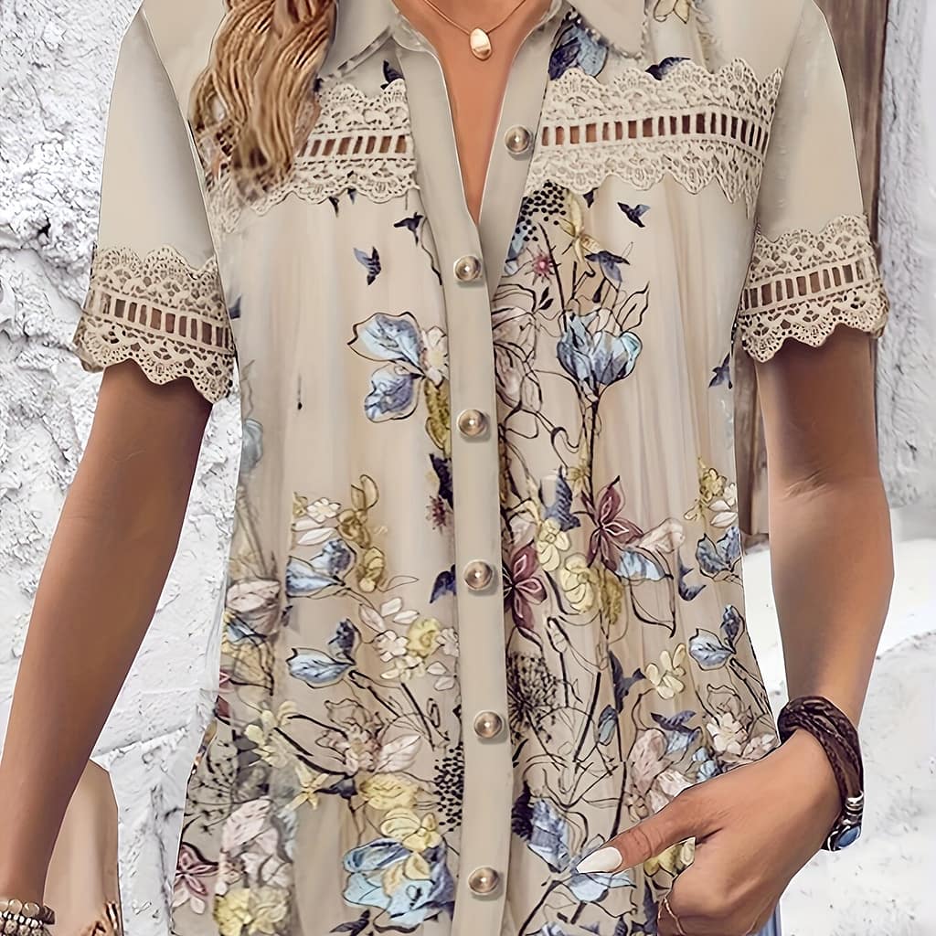 Women’s Casual Floral Print Blouse – Short Sleeve, Button-up With Lace Detail, Breathable Polyester & Spandex , Spring/summer Blouses Shop Online at Dubai Trades 2
