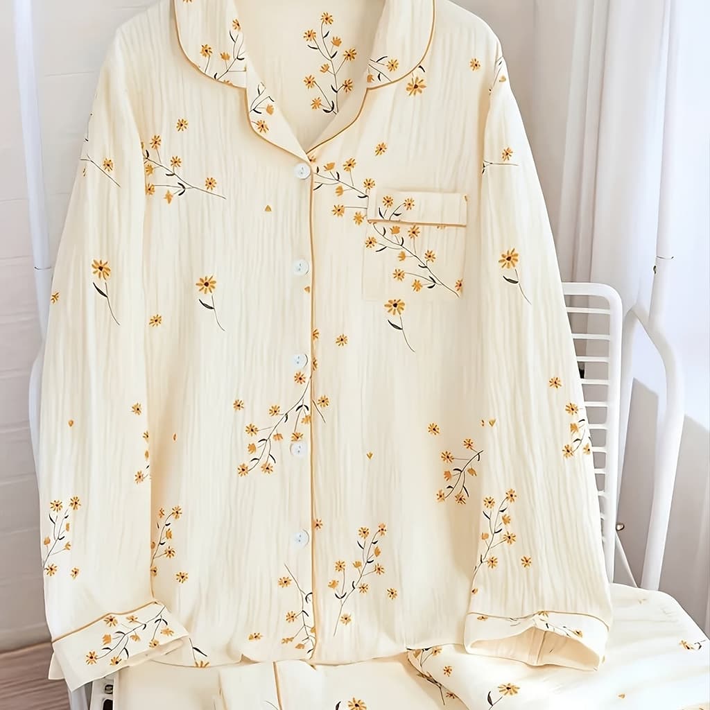 Women’s Casual Floral Print Textured Pajama Set, Long Sleeve Buttons Lapel Top & Pants, Comfortable Relaxed Fit For Fall Clothing Shop Online at Dubai Trades 2