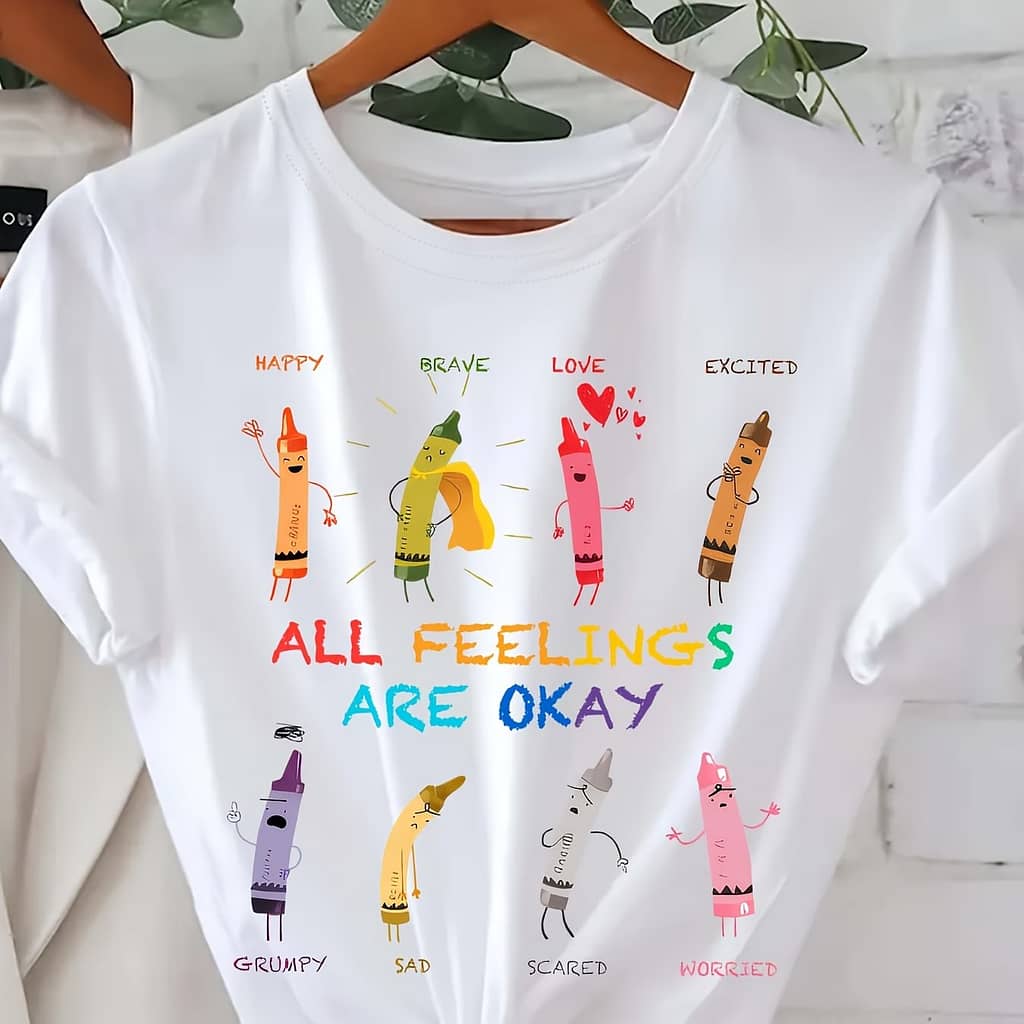 Women’s Casual Graphic T-shirt – Short Sleeve Crew Neck, “all Feelings Are Okay” Pencil Print, Black Polyester Blend Top For Clothing Shop Online at Dubai Trades 2