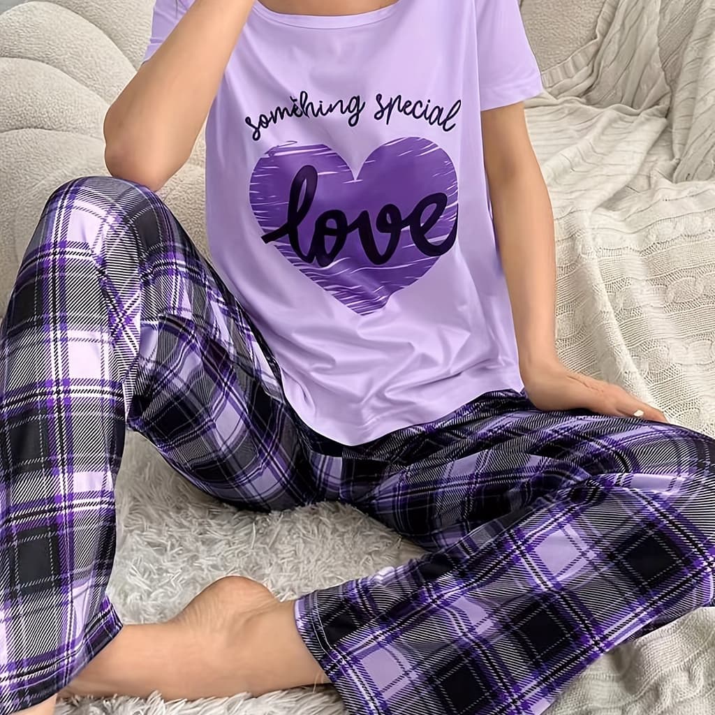 Women’s Casual Heart & Letter Print Pajama Set, Short Sleeve Round Neck Top & Plaid Pants, Comfortable Relaxed Fit Clothing Shop Online at Dubai Trades 2