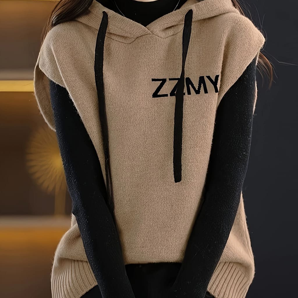 Women’s Casual Knit Hoodie – Loose Fit, Print, Drawstring Hood, Ribbed Cuffs, Beige & Black Color Sweater For , Casual Casual Attire | Trendy Casual Hoodie | Soft Knit Fabric Clothing Shop Online at Dubai Trades 2