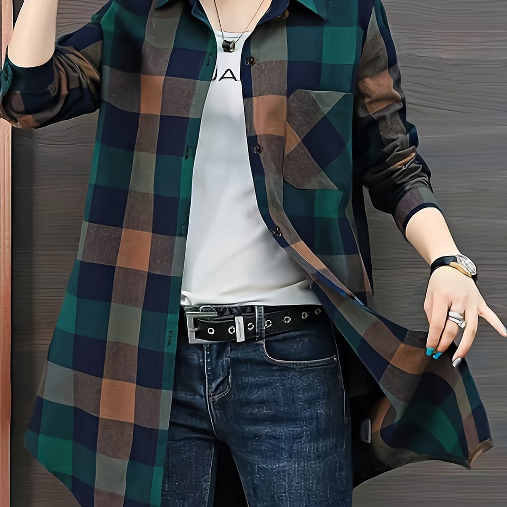 Women’s Casual Long Plaid Shirt – Polyester, Machine Washable, Turn- Collar, Asymmetrical Hem, Lightweight For Spring/fall Blouses Shop Online at Dubai Trades 2