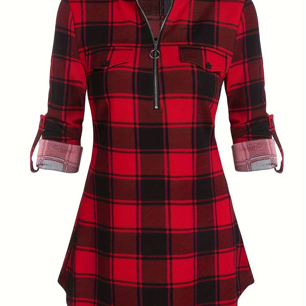 Women’s Casual Plaid Dress With Drawstring – 100% Polyester Knit Fabric, Boat Collar, Long Sleeve, Fit And Flare Design For Spring/summer/fall Clothing Shop Online at Dubai Trades 2