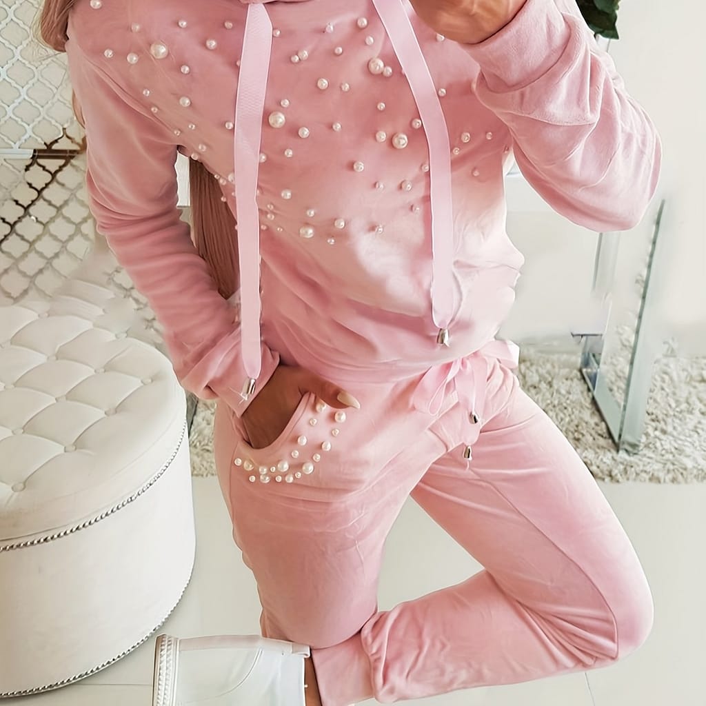 Women’s Casual Polyester Knit Hooded Sweatshirt And Pants Set, Solid Color, With Beaded Detail, For Spring/fall Clothing Shop Online at Dubai Trades 2